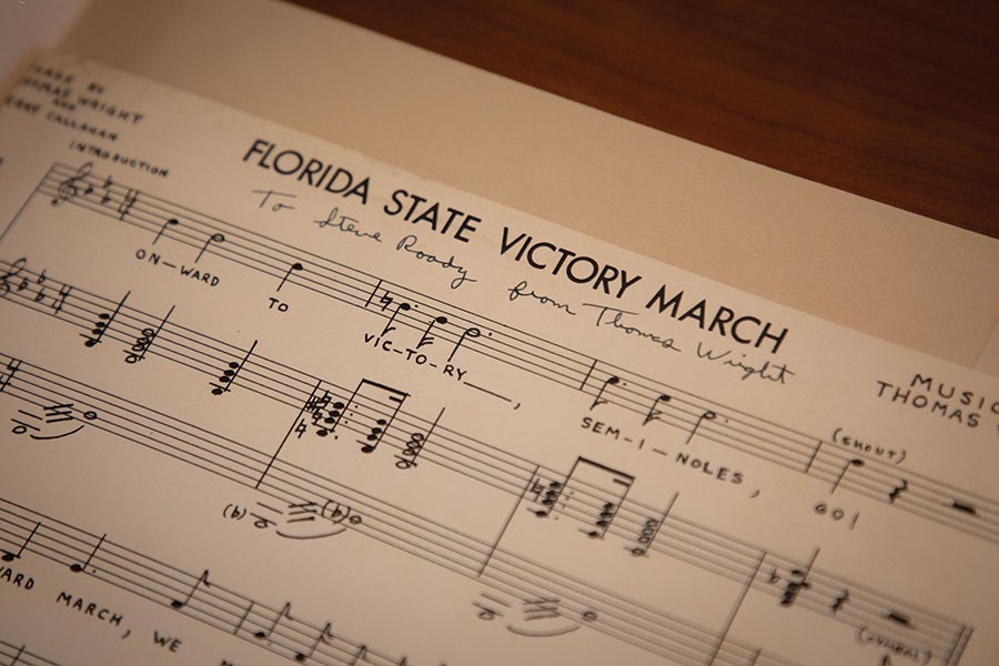 The original sheet music for the "Florida State Victory March.”