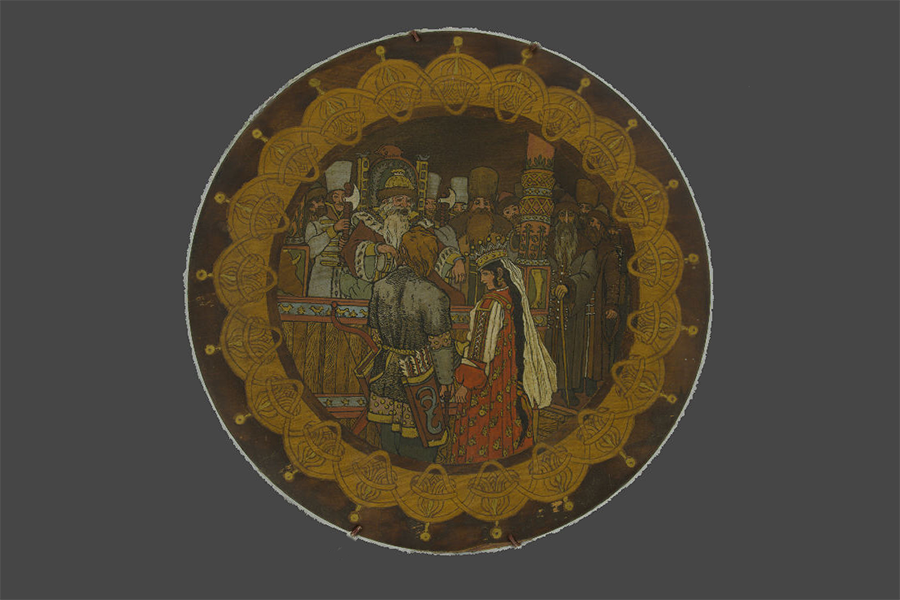 "Tsarevich Ivan, The Firebird and the Gray Wolf," unknown artist, late 19th century. 3D Model of a decorative wooden plate, egg tempera on wood, composition by Ivan Bilibin, made with Agisoft Metashape. Photo by Sophie Works.