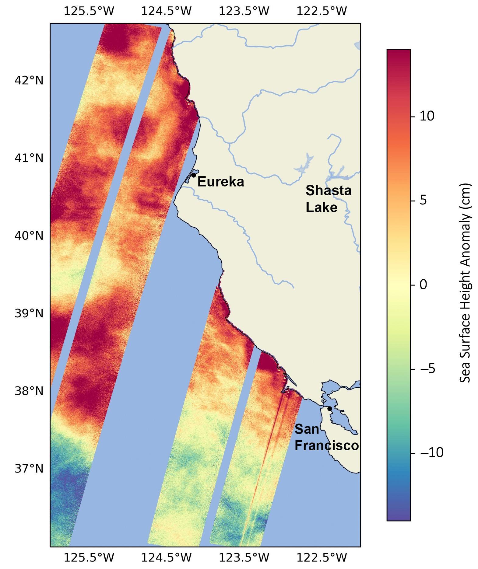 A data visualization image showing sea surface height off the northern California coast in August 2023 as measured by SWOT. Red indicates higher-than-average ocean heights, while blue represents lower-than-average heights. (Courtesy of NASA Jet Propulsion Laboratory)