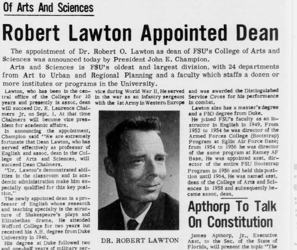 News announcement of Lawton's promotion to dean.