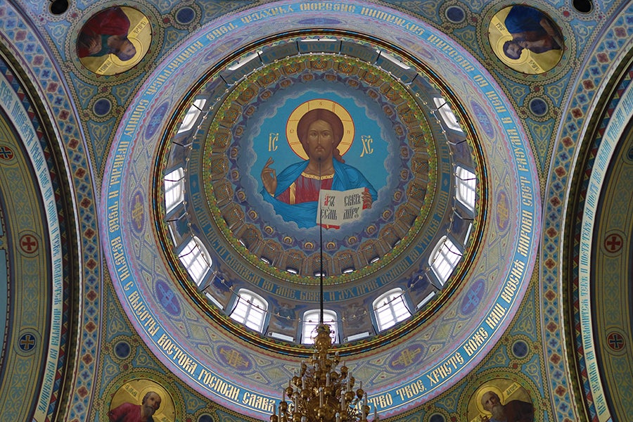 Icon of Christ with saints, Cathedral of the Nativity of Christ, central dome and pendentives, late 19th century. Riga, Latvia. Photo by Sophie Works.