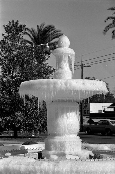 The Westcott Fountain frozen over in 1985. Photo by Deborah Thomas, courtesy Florida Memory.