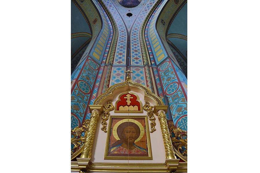 Icon of Christ under a pendentive, Cathedral of the Nativity of Christ. Riga, Latvia. Photo by Sophie Works.