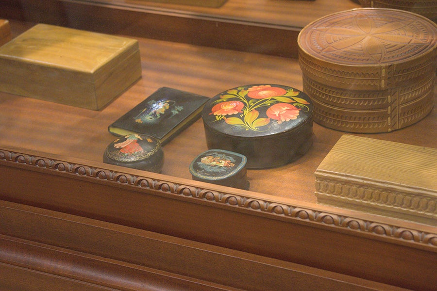 Four pieces of lacquer for purchase in an antique store in Old Town Riga, Latvia, July 2025. Photo by Sophie Works.
