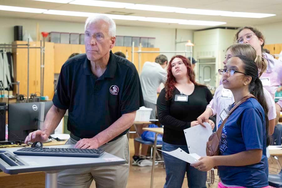 FSU Department of Physics Chair Paul Cottle shows a group of students their findings during the 2026 Nuclear Medicine and Science Camp at Mosley High School in Lynn Haven, Florida. Photo by Carly Nelson.