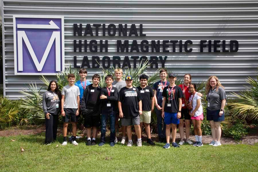 Students gather outside of the the National MagLab in Tallahassee, Florida, as part of the 2026 Nuclear Medicine and Science Camp. Photo by Carly Nelson.
