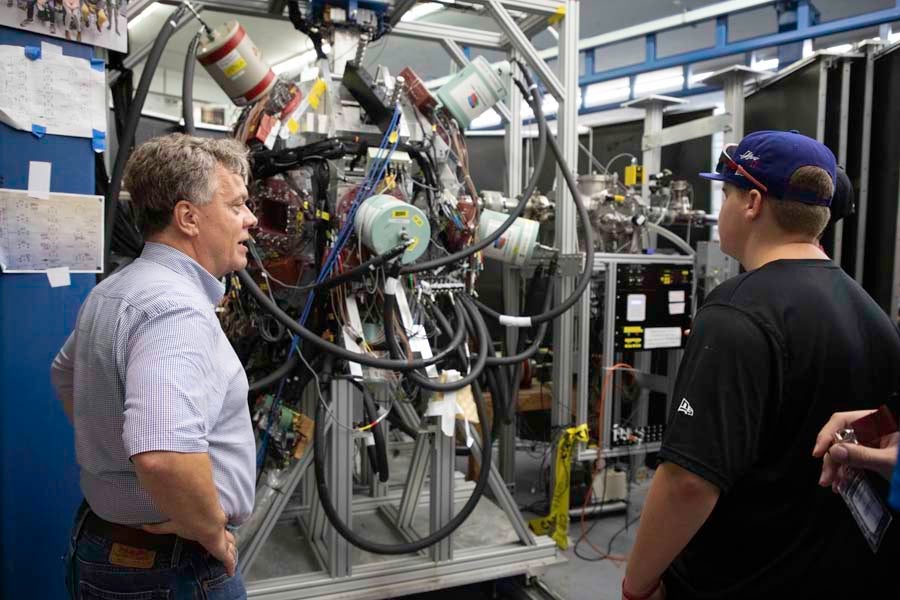 Professor Ingo Wiedenhoever leads students on a tour of the John D. Fox Superconducting Linear Accelerator Laboratory at Florida State University as part of the 2026 Nuclear Medicine and Science Camp. Photo by Carly Nelson.