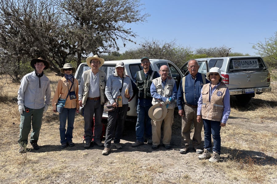 Group photo taken during 2022 fieldwork in the San Miguel de Allende Basin in central Mexico. From left to right: Chance Hannold, FSU; Yang Wang, FSU; Xiaoming Wang, Natural History Museum of Los Angeles County; Regan Dunn, NHMLA; Julio Cesar Chavez-Ambriz, Universidad Nacional Autónoma de México; Jorge Aranda Gómez, UNAM; Oscar Carranza-Castañeda, UNAM