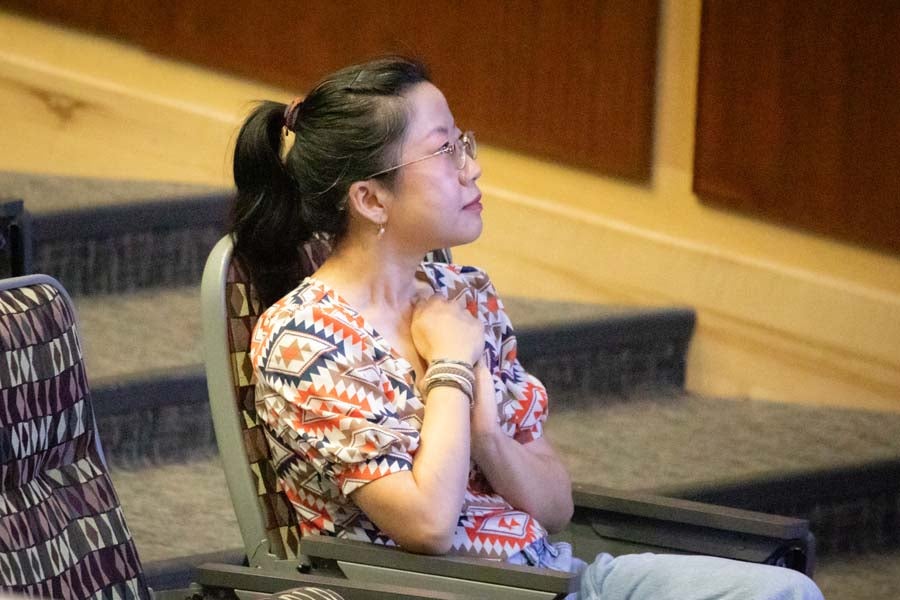 Assistant Professor of Chemistry Wen Zhu participates in the 2026 AI Bootcamp at the Kroto Auditorium on Aug. 19, 2026. Photo by Devin Bittner.