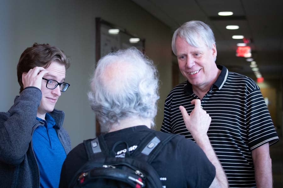 Cottrell Family Professor of Chemistry Oliver Steinbock speaks to AI Bootcamp attendees outside of the Kroto Auditorium on Aug. 19, 2026. Photo by Devin Bittner.