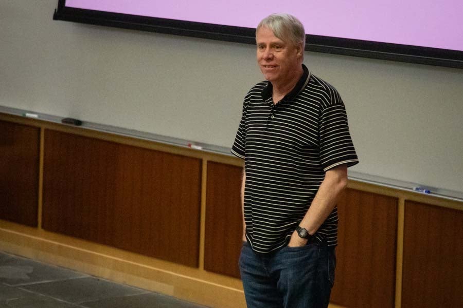 Cottrell Family Professor of Chemistry Oliver Steinbock addresses attendees during the 2026 AI Bootcamp at the Kroto Auditorium on Aug. 19, 2026. Photo by Devin Bittner.
