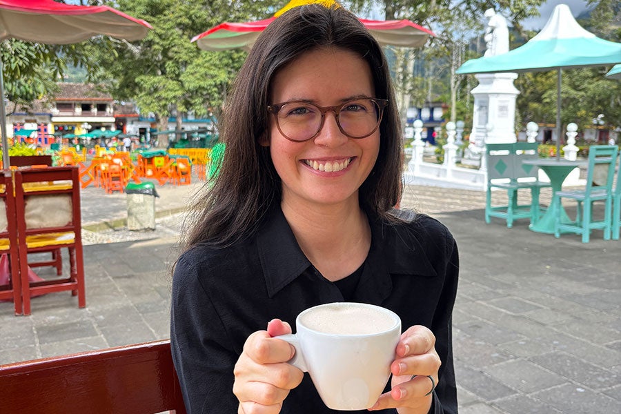 Amelia Rivers, a recent graduate of the College of Music, at El Libertador Plaza Principal while traveling to Jardín, Colombia