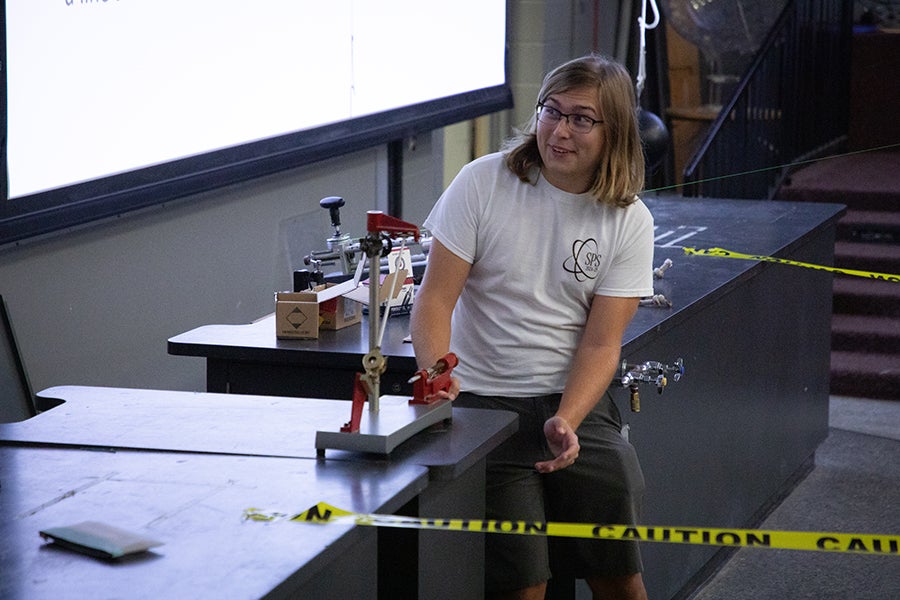 A presenter conducts a demonstration during a Saturday Morning Physics event hosted by the Society of Physics Students at Florida State University on Oct. 11, 2025. Photo by Carly Nelson.