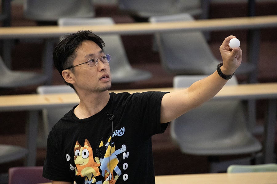 A speaker conducts a demonstration during a Saturday Morning Physics event at Florida State University on Oct. 18, 2025. Photo by Carly Nelson.
