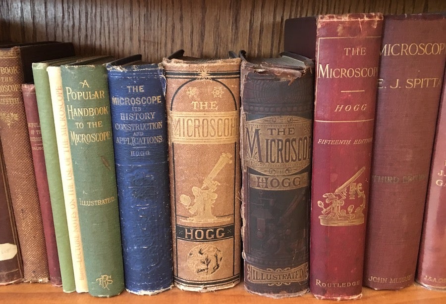 Older books lined up on a bookshelf.