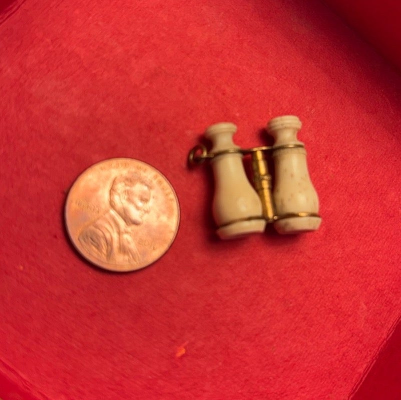 A very small pair of binoculars laying next to a penny. The two are the same size. The binoculars hold images inside of the beach at Brighton. Photo by Meegan Kennedy.