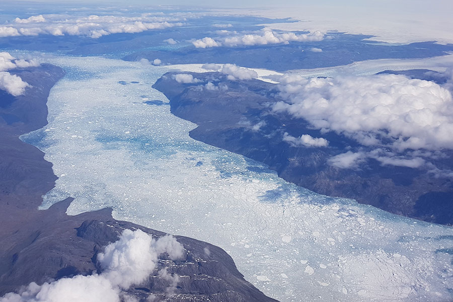 An aerial view of Nuup Kangerlua (fjord) and the glaciers that feed meltwater into it.