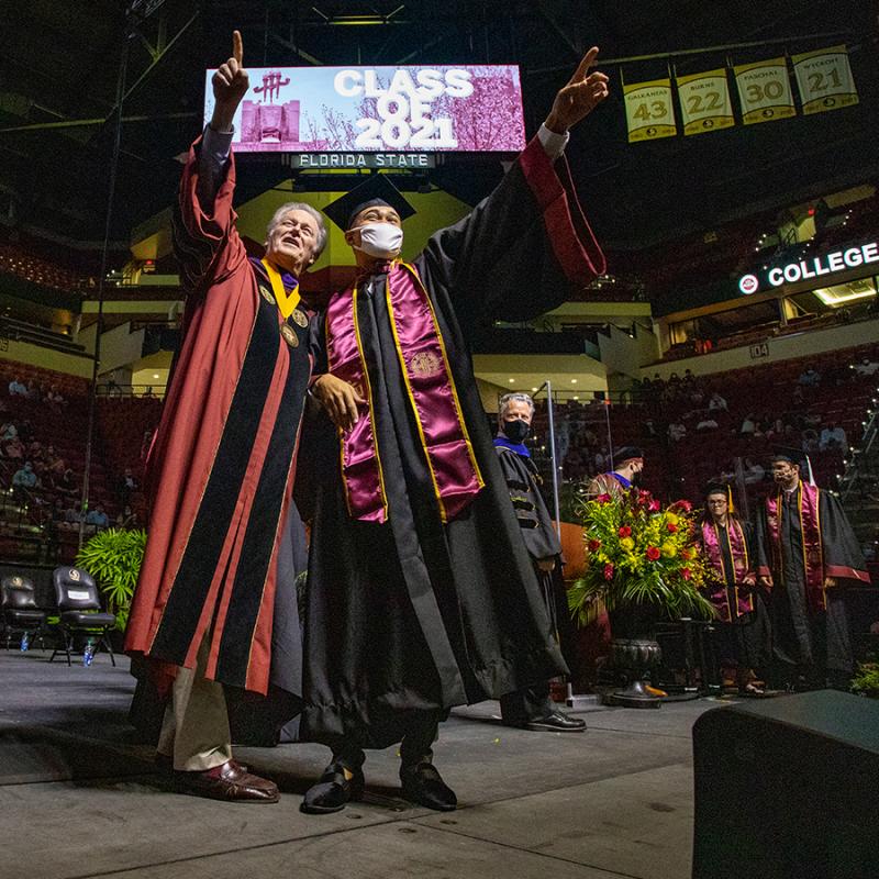 FSU President John Thrasher and Vance Carlton Wiggins II at 2021 spring commencement. Photo by FSU Photography Services.