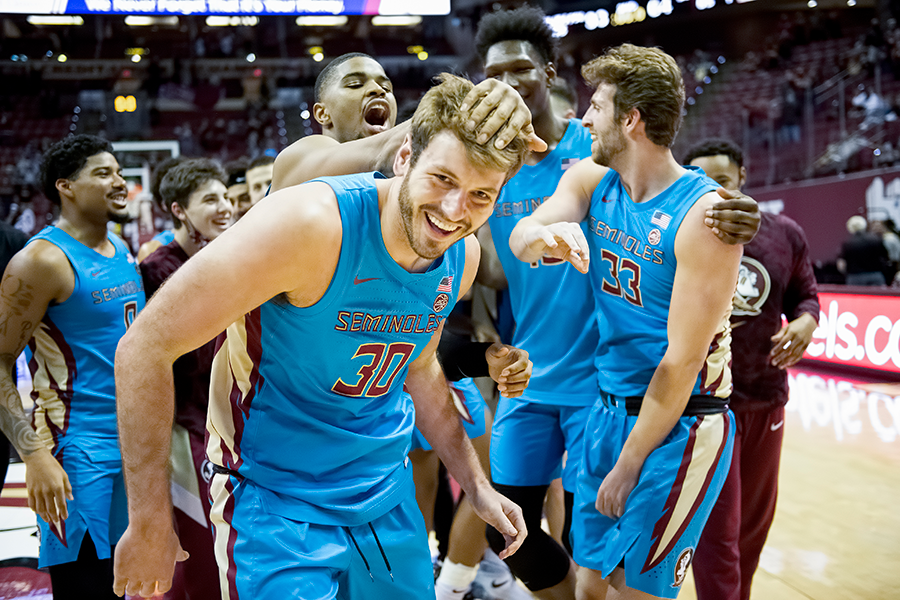 Harrison Prieto and his teammates on the Florida State University Men’s Basketball team. Photo by Mike Olivella.