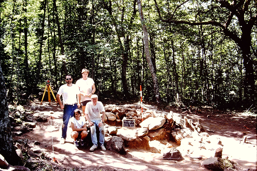 1992 – David Funk, Frank Williams, Lauren Hackworth and Patrick Rowe posing near one of the mounds. Courtesy photo.