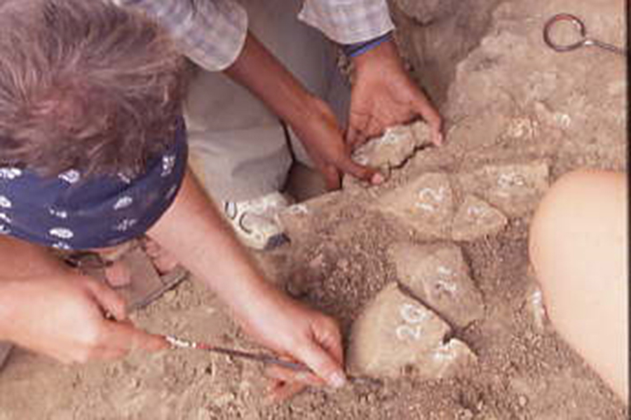 2003 – Marcia Anderson and others with mortarium at an excavation site. Courtesy photo.