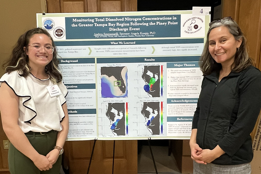 Andrea Emmanuelli (left) and associate professor of oceanography and environmental science Angela Knapp (right) at the Women in Math, Science and Engineering living learning community’s annual research symposium. Photo courtesy Andrea Emmanuelli.