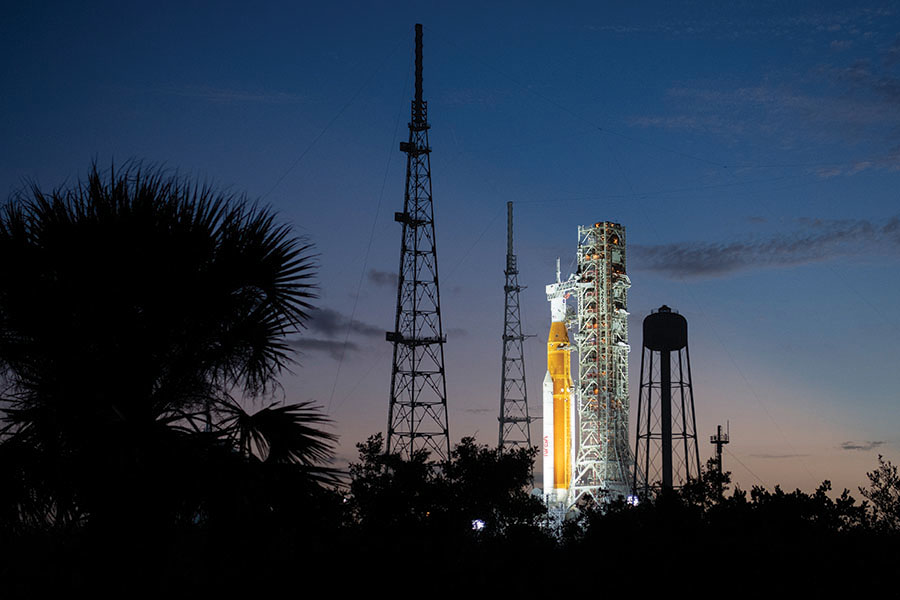 NASA’s Space Launch System rocket with the Orion spacecraft aboard sits atop the mobile launcher at Launch Pad 39B at Kennedy Space Center, Florida, in preparation for NASA’s Artemis I flight test. NASA photo by Joel Kowsky