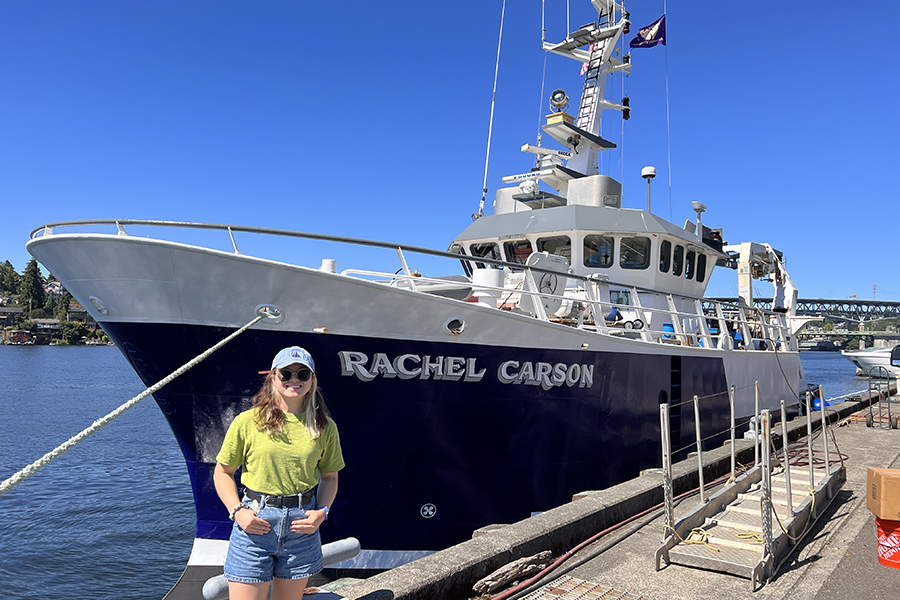 Andrea Emmanuelli and the R/V Rachel Carson, on which she spent three weeks at sea conducting climate research. Photo courtesy Andrea Emmanuelli.