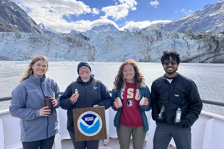 Andrea Emmanuelli (second from right) and fellow researchers aboard the R/V Rachel Carson in the Gulf of Alaska. Photo courtesy of Andrea Emmanuelli.