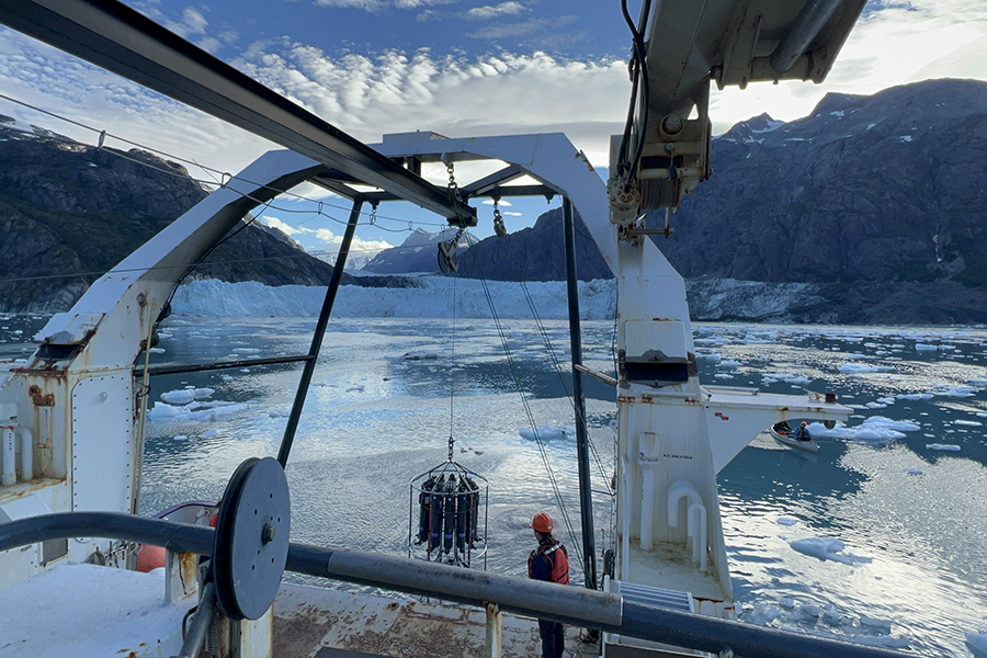Conductivity-temperature-depth sensors being lowered into the Gulf of Alaska’s waters; CTD sensors are used to study water properties like oxygen saturation and salinity. Photo courtesy Andrea Emmanuelli.