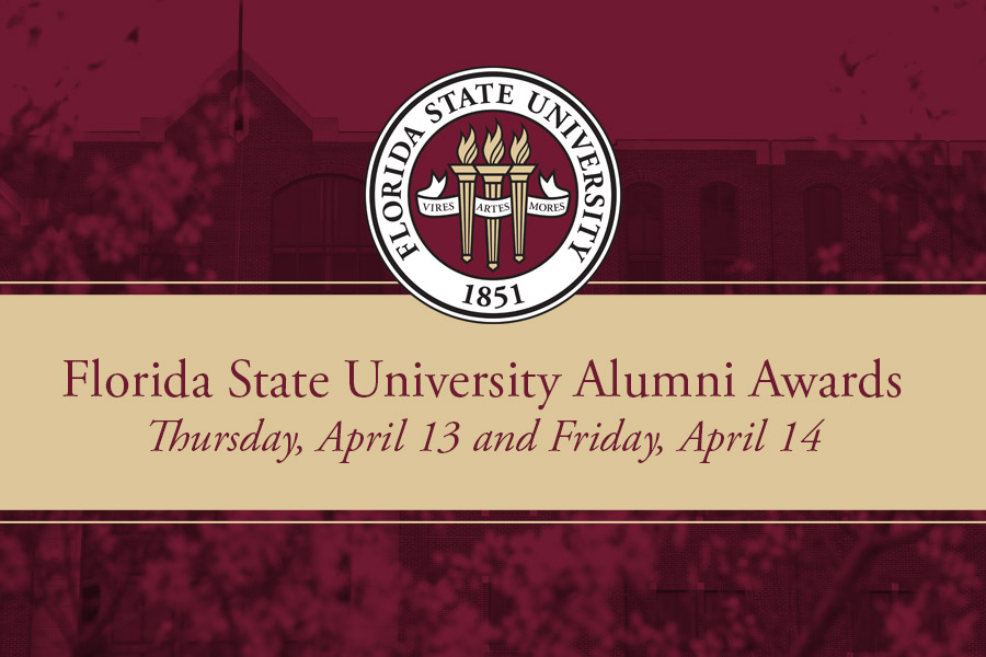 A garnet and gold graphic that reads "Florida State University Alumni Awards Thursday, April 13 and Friday, April 14. 