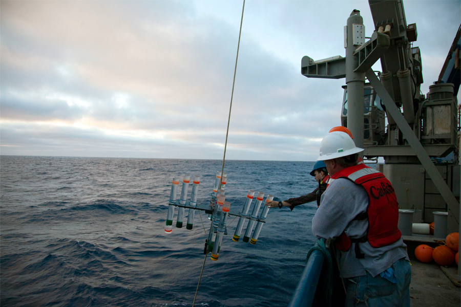Researchers onboard the R/V Atlantis collect a sediment trap during a 2019 research cruise. Sediment traps collect particles falling toward the seafloor. Analyzing their contents helped Stukel and his research team to quantify carbon sequestration from various sources in the California Current Ecosystem. (Courtesy of Michael Stukel)