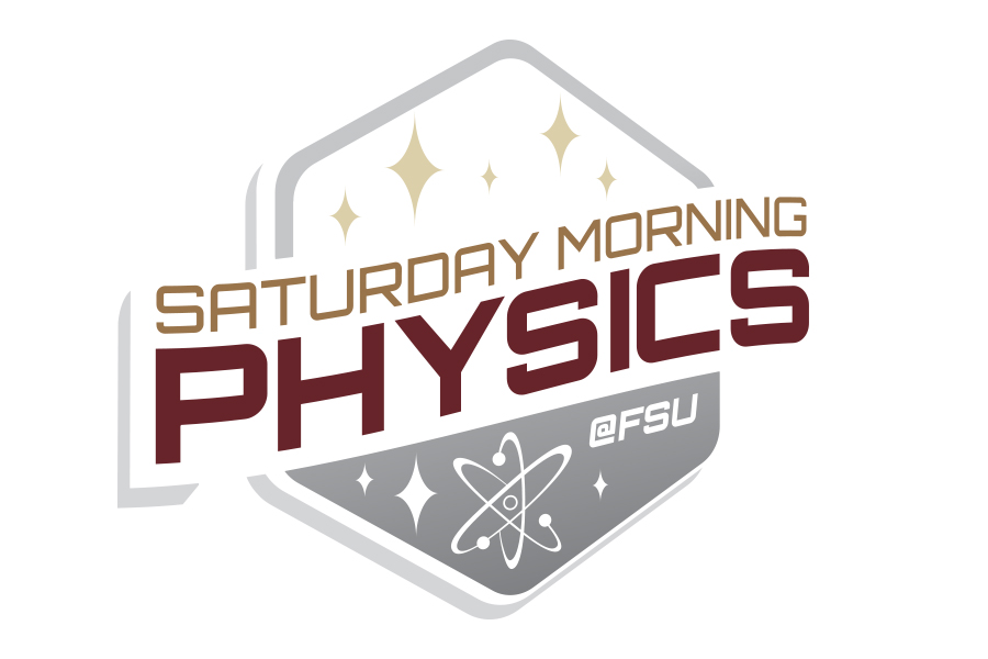 A garnet, gold, grey, and white logo for Saturday Morning Physics in a slightly retro design.