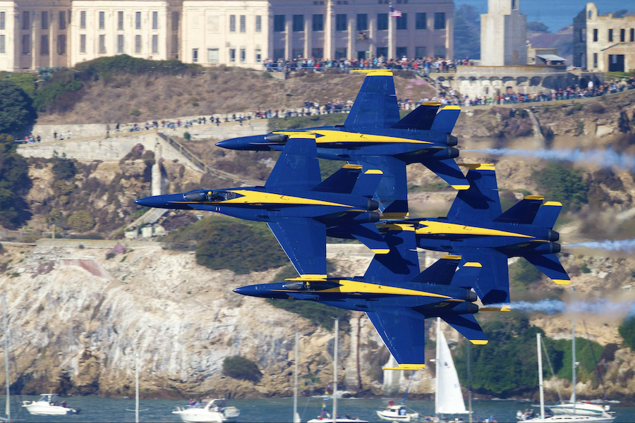 The Blue Angels flying in front of Alcatraz Island at San Francisco Fleet Week 2010. Photo by Richard Simonsen.