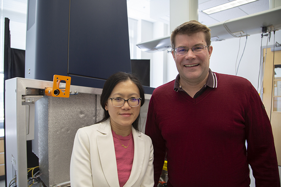 From left, Florida State University faculty researcher Fanny C. Liu and Christian Bleiholder, a professor in the Department of Chemistry and Biochemistry. Their work on the protein dynamics in the NIST monoclonal antibody was published in Chemical Communications. (Bill Wellock/University Communications)