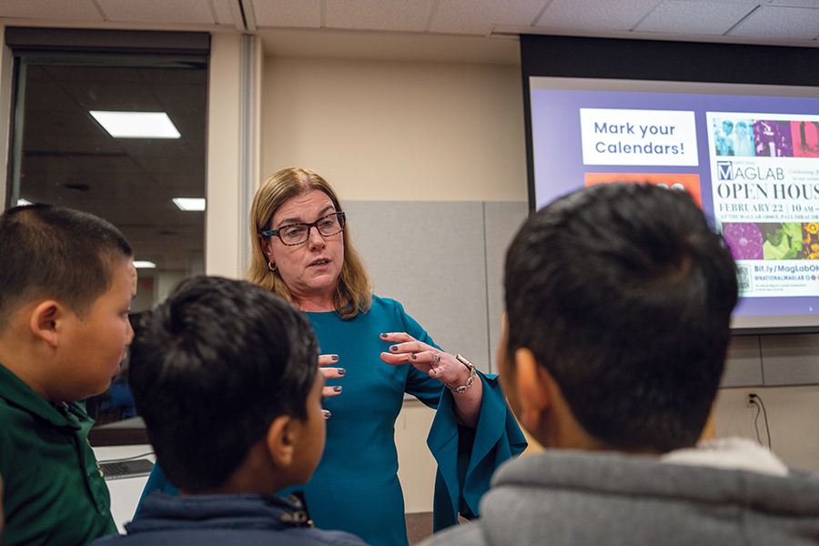 Kathleen Amm speaks to K-12 attendees at the 2025 National High Magnetic Field Laboratory Open House. Photo by Stephen Bilenky.