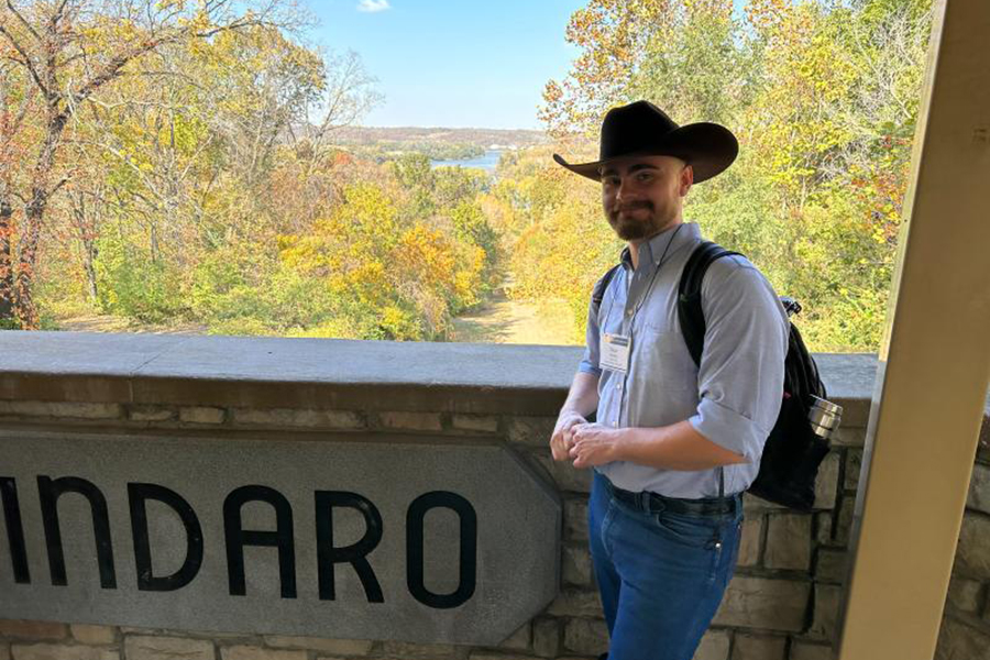 Dean Michel at the Quindaro Ruins Overlook Structure in Quindaro Bluffs, Kansas, across the river from the Western History Association Conference, where he presented his research in October 2024. Courtesy photo.