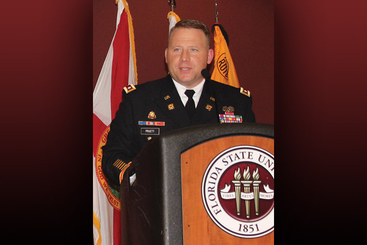 ROTC commander Lt. Col. Keith Pruett speaks at the 2019 commissioning ceremony. Courtesy photo.