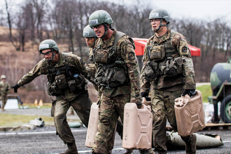 Cadets from FSU’s Ranger Challenge Team dig deep during the Sandhurst competition. U.S. Dept. of Defense photo.