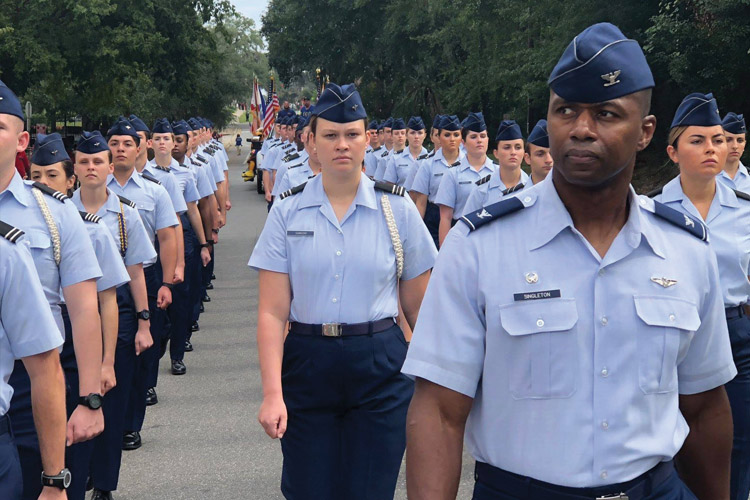 Members of Air Force ROTC Detachment 145 are on the march and led by commander Col. Rodney Singleton. Courtesy photo.