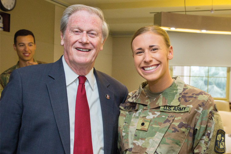 FSU President John Thrasher poses with Cadet Melissa Kratzke at an event honoring FSU’s ROTC’s 2019 Brigade Ranger Challenge win. Photo by FSU photography services.